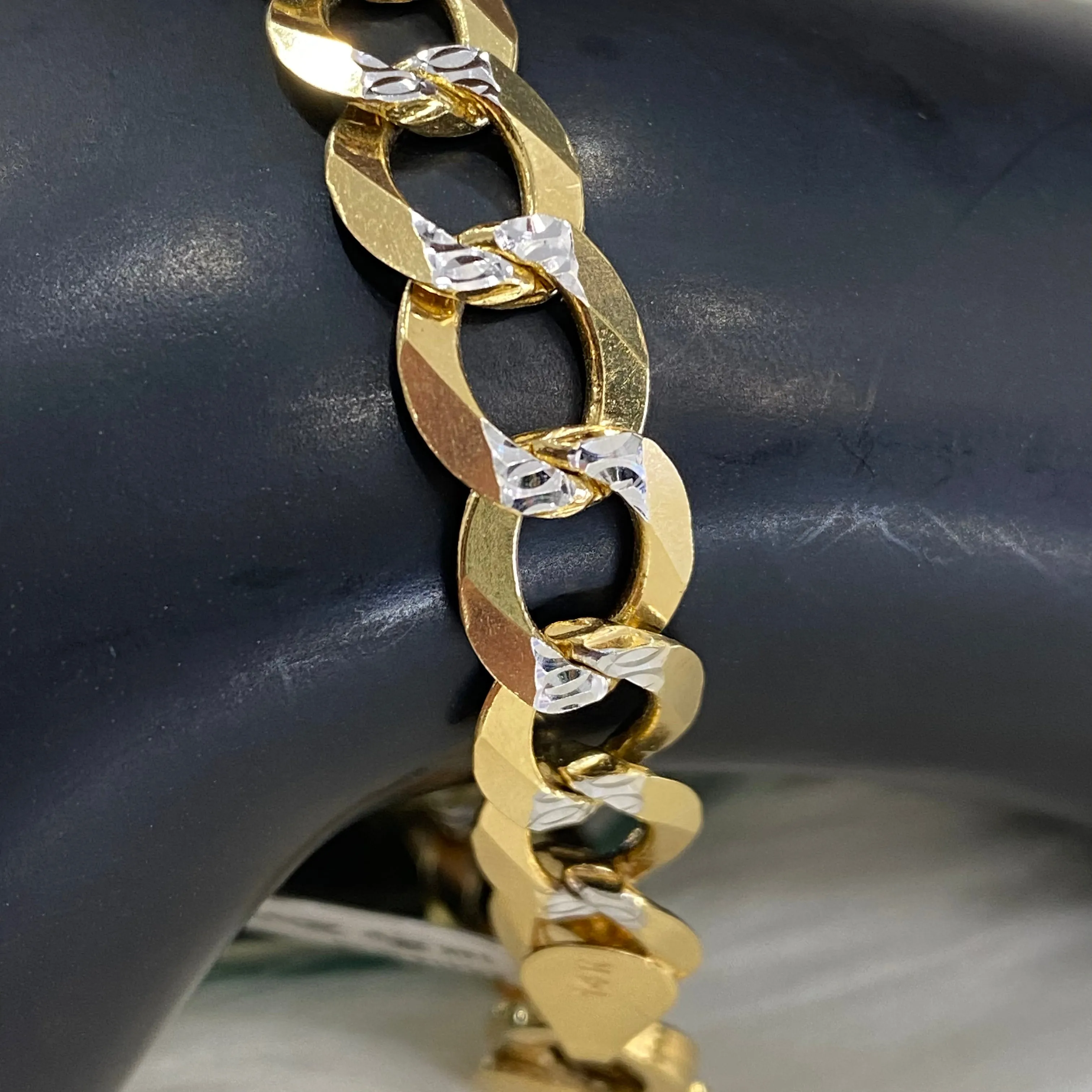 14K Yellow - White Gold American Cuban Bracelet Diamond Cut / 20.7gr / 9.3mm / 8.5in