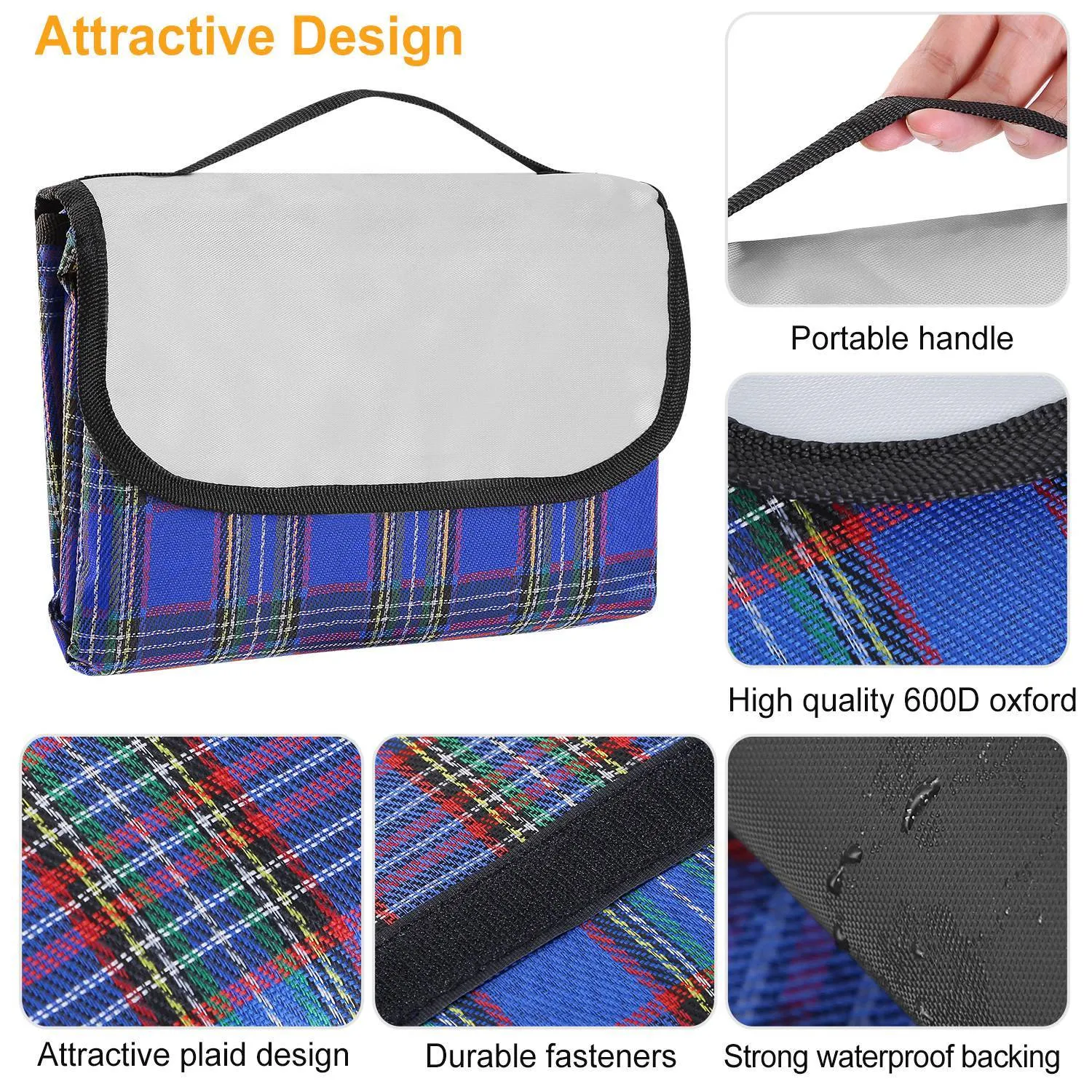60" x 78" Foldable Waterproof Picnic Blanket with Strap