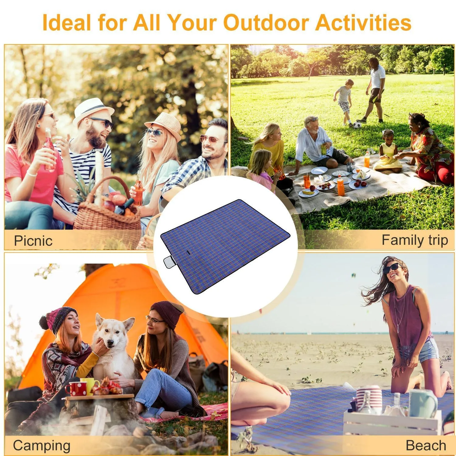 60" x 78" Foldable Waterproof Picnic Blanket with Strap