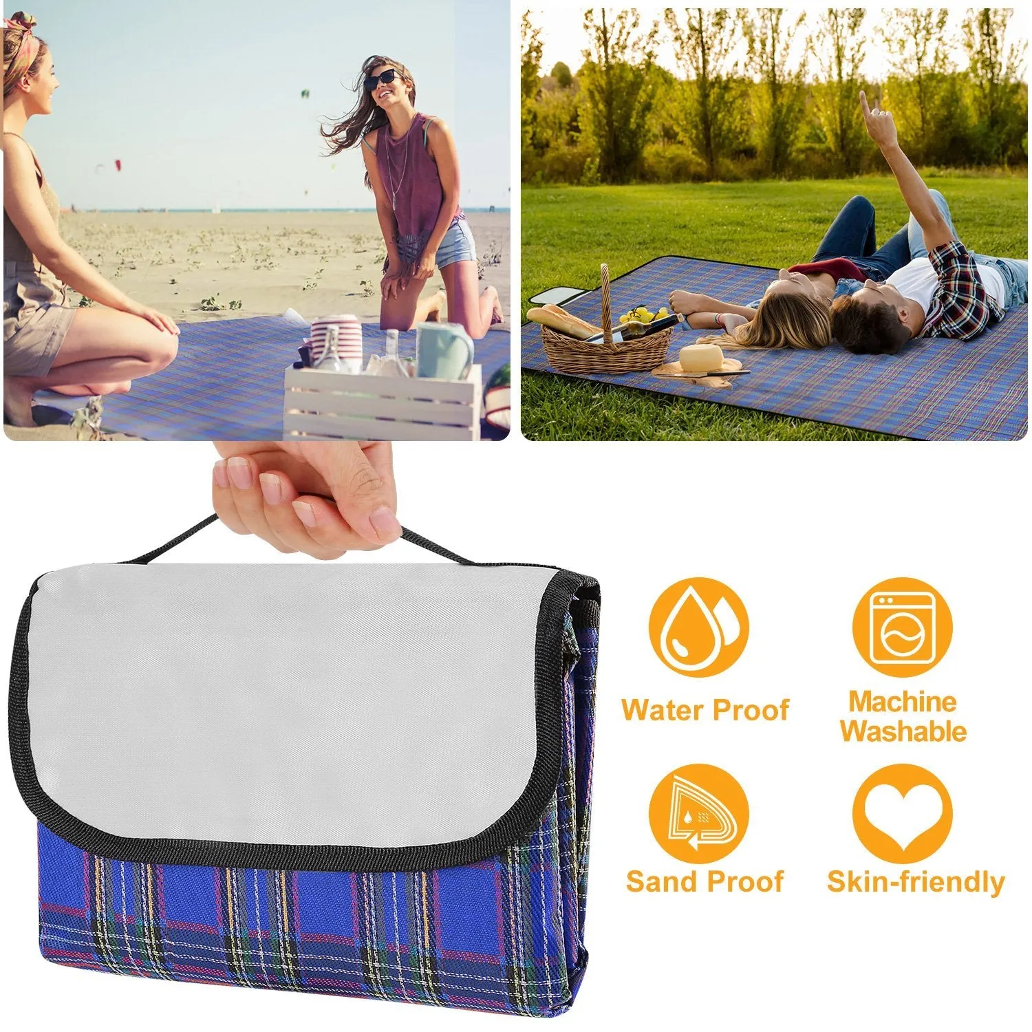 60" x 78" Foldable Waterproof Picnic Blanket with Strap
