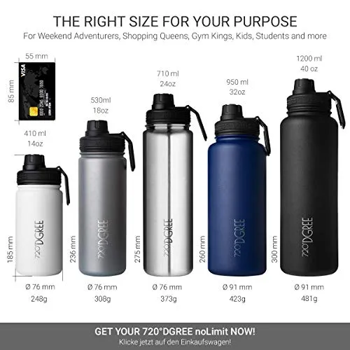 720°DGREE Vaccum Insulated Water Bottle “noLimit“ - 530ml - Leakproof, BPA-Free, Thermo Stainless Steel Flask - For Carbonated Drinks, Kids, Children, Sports, Gym, School, Travel, Outdoor  Sports-Cap