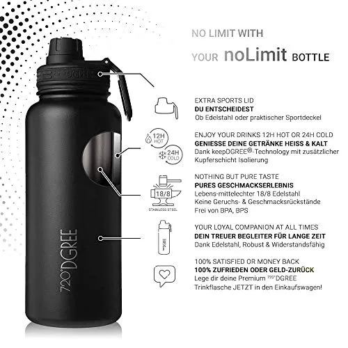 720°DGREE Vaccum Insulated Water Bottle “noLimit“ - 530ml - Leakproof, BPA-Free, Thermo Stainless Steel Flask - For Carbonated Drinks, Kids, Children, Sports, Gym, School, Travel, Outdoor  Sports-Cap