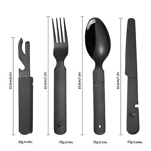 A · HOUSEWARE Portable Silverware Black Flatware Camping Cutlery Stainless Steel Spoon Fork Knife and Bottle Opener 4 Pieces Utensil Outdoor Travel Foldable Easy to Clean