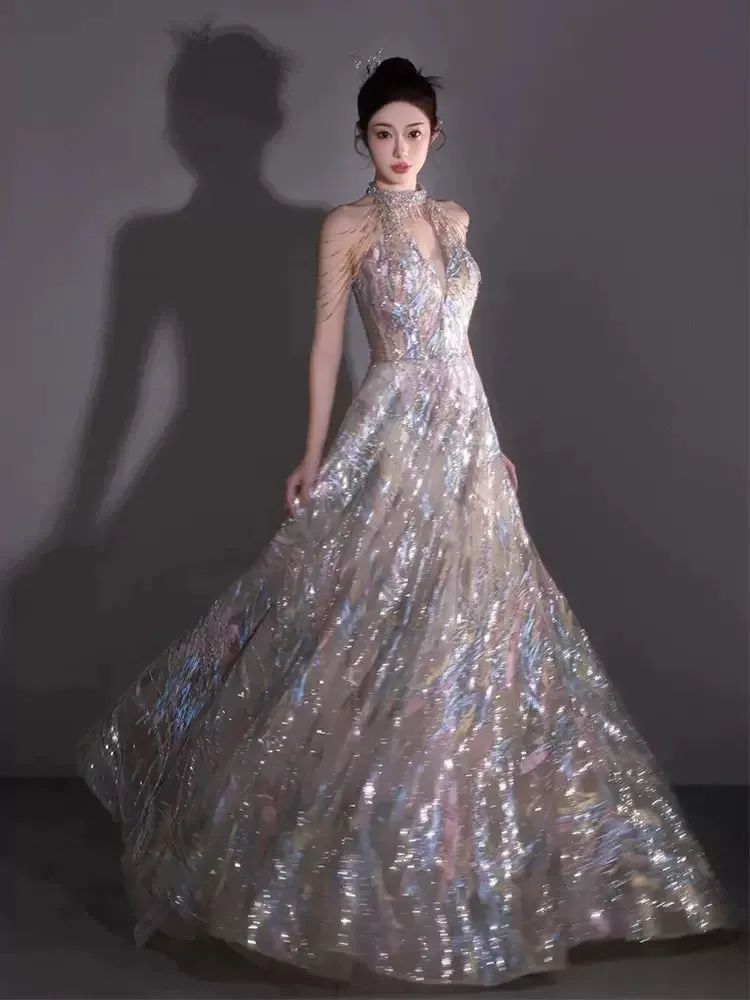 Aiertu Shining Evening Dresses 2024 Halter Floor Length Long Prom Dresses Shining Sequins Beads