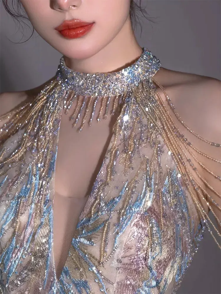 Aiertu Shining Evening Dresses 2024 Halter Floor Length Long Prom Dresses Shining Sequins Beads