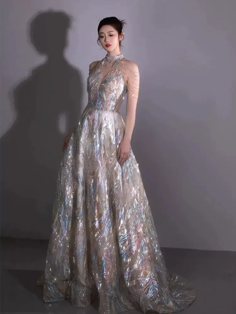 Aiertu Shining Evening Dresses 2024 Halter Floor Length Long Prom Dresses Shining Sequins Beads