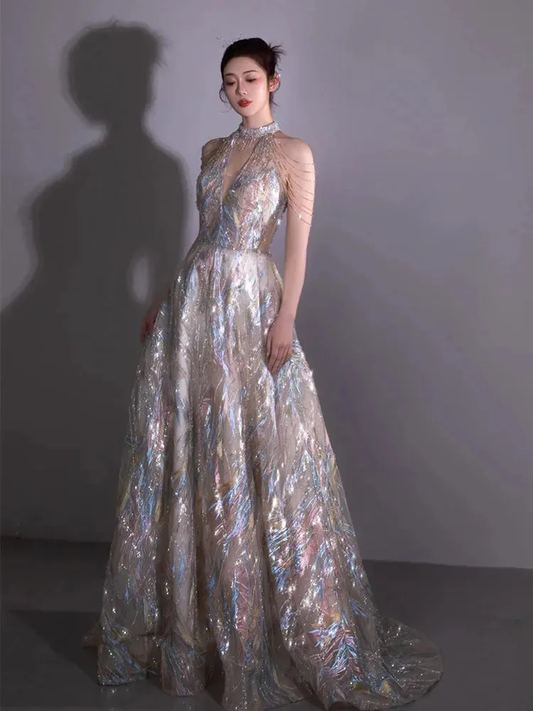 Aiertu Shining Evening Dresses 2024 Halter Floor Length Long Prom Dresses Shining Sequins Beads