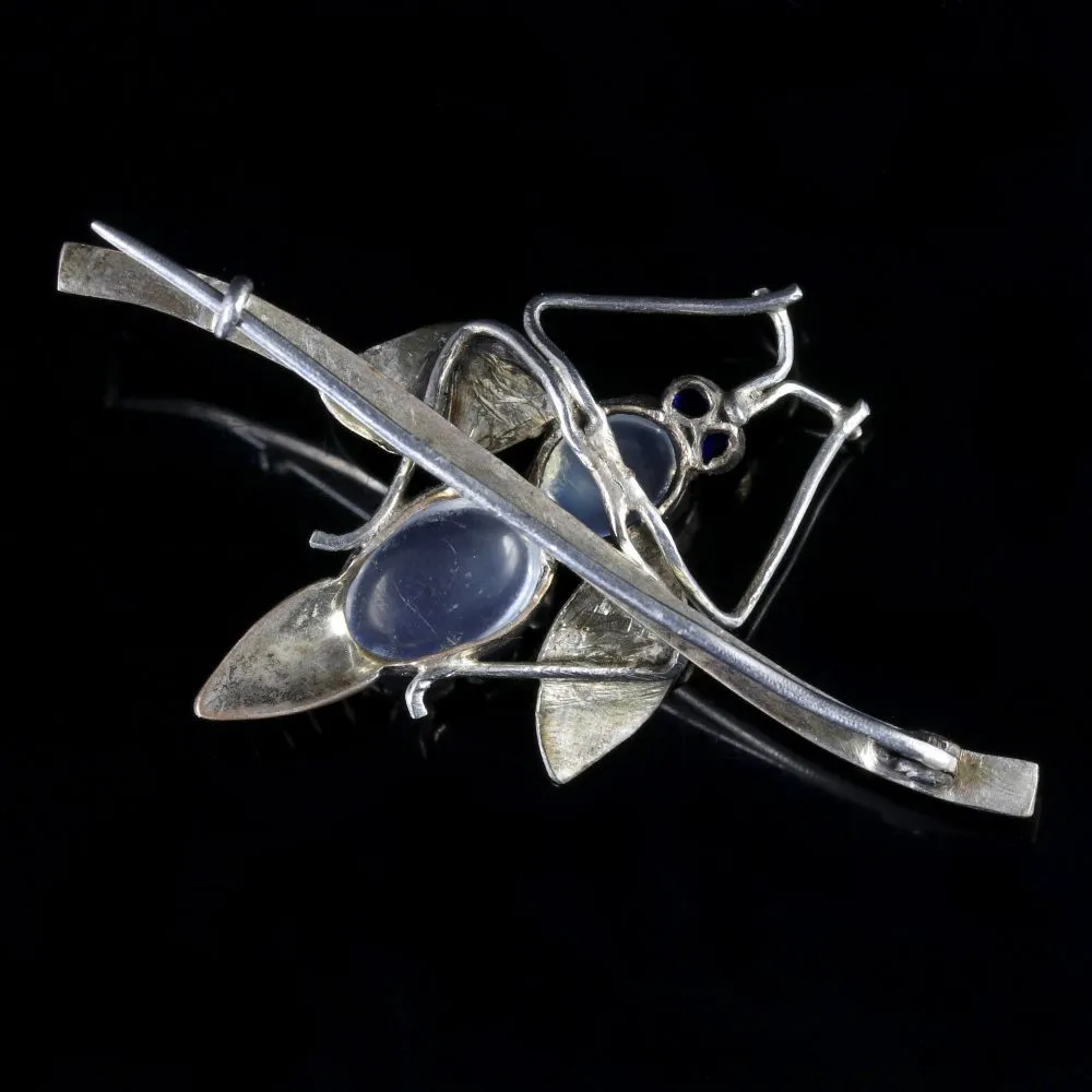 Antique Victorian Moonstone Silver Insect Brooch Circa 1900