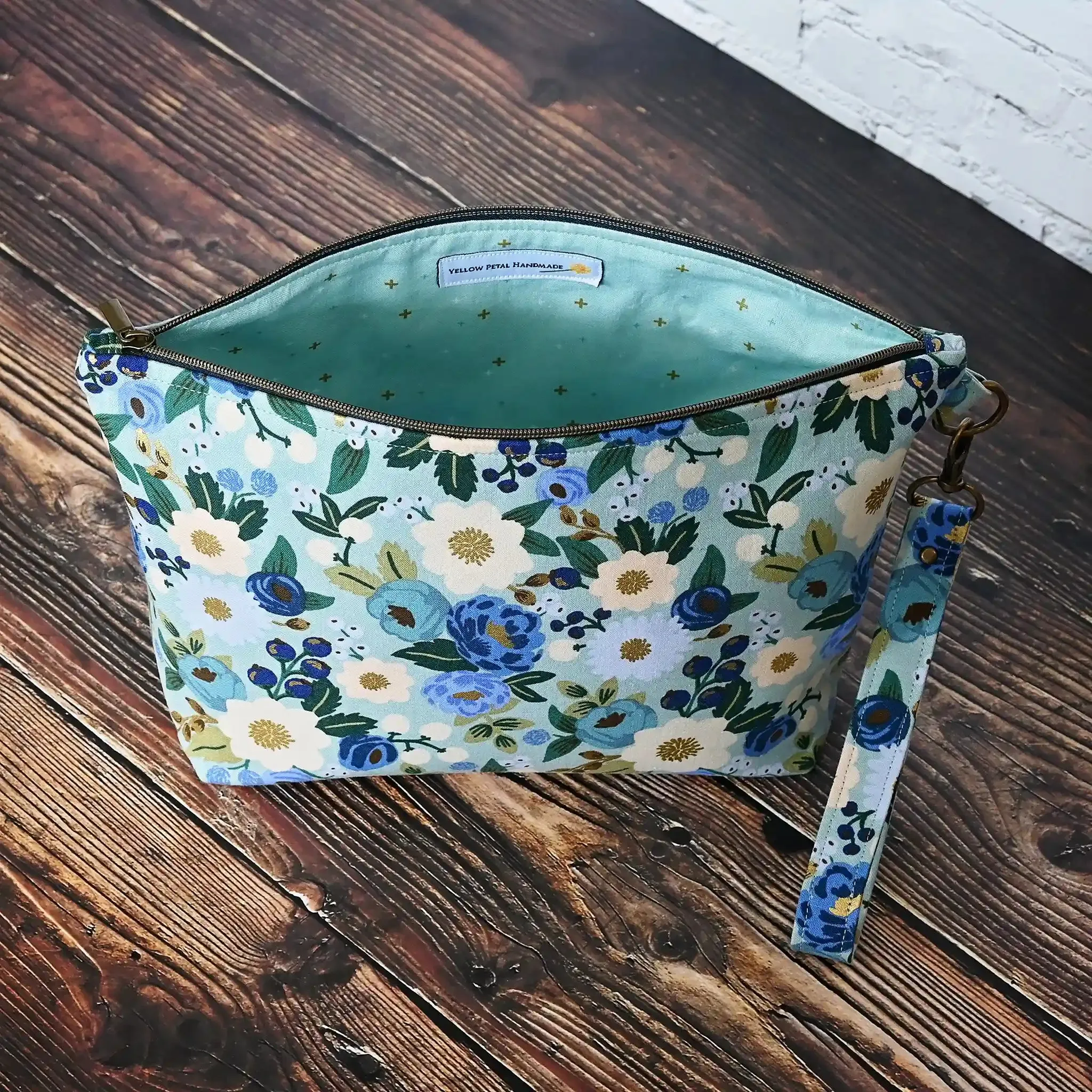Aqua Floral Zippered Sock Project Bag in Rifle Paper Co's Antique Garden