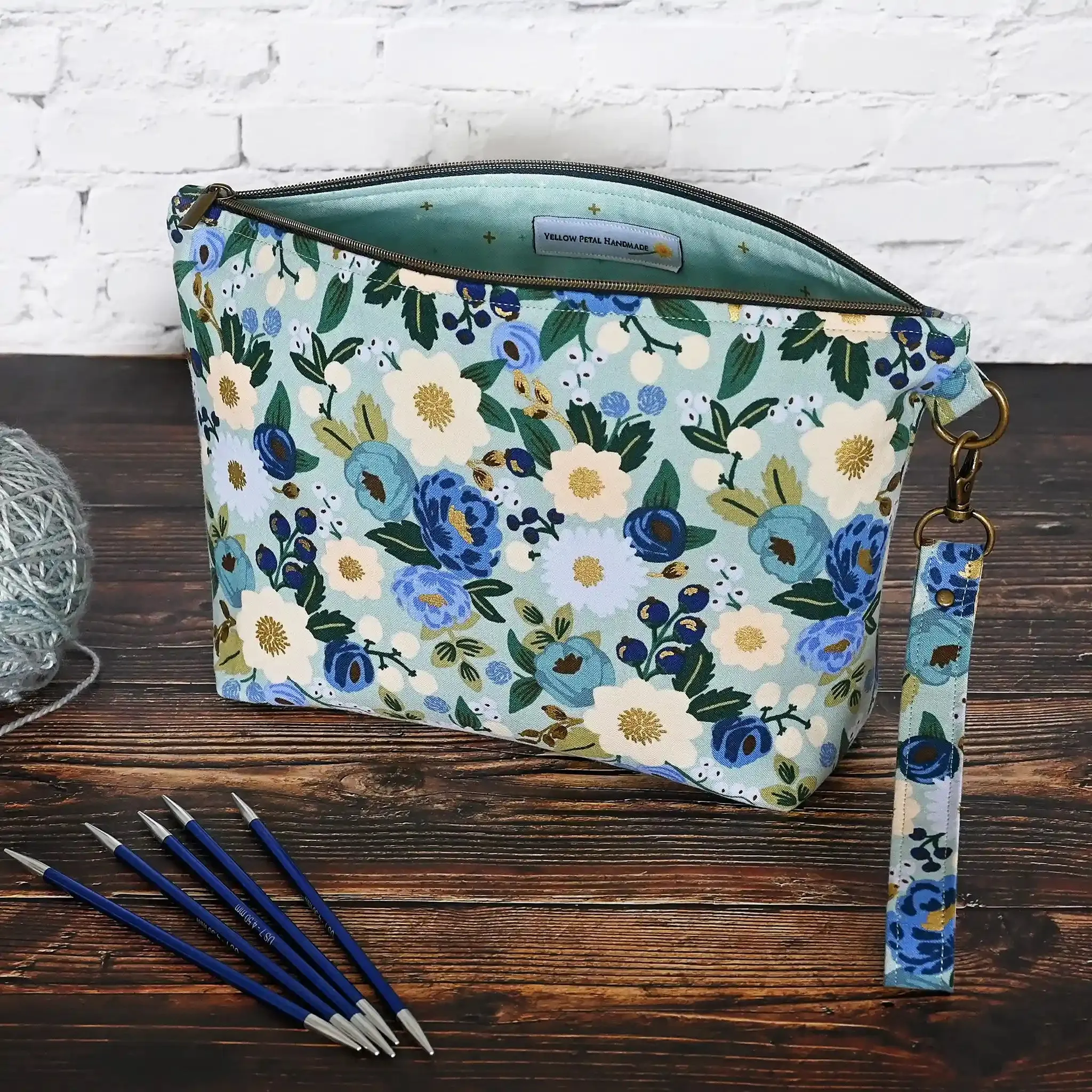Aqua Floral Zippered Sock Project Bag in Rifle Paper Co's Antique Garden