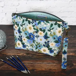 Aqua Floral Zippered Sock Project Bag in Rifle Paper Co's Antique Garden