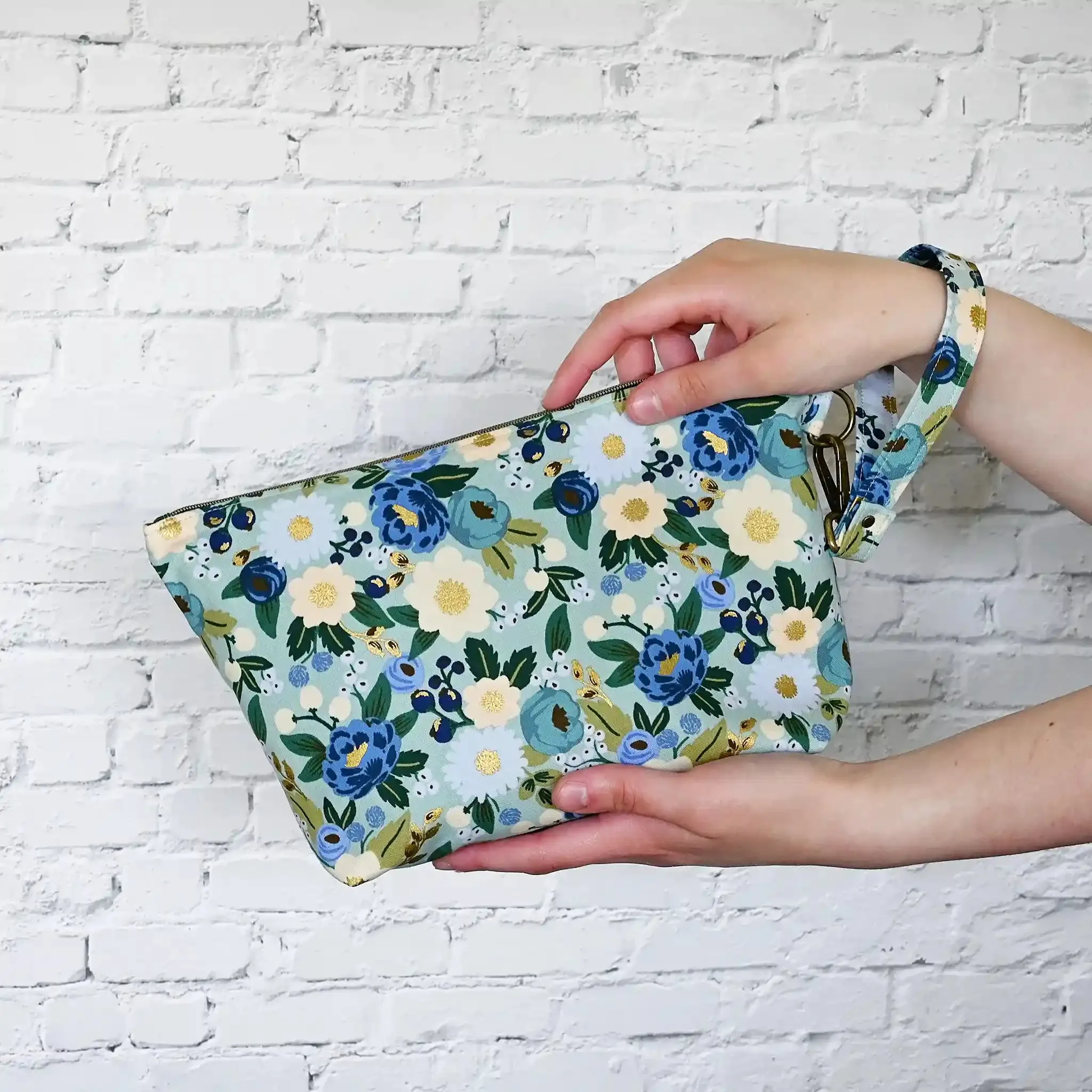 Aqua Floral Zippered Sock Project Bag in Rifle Paper Co's Antique Garden