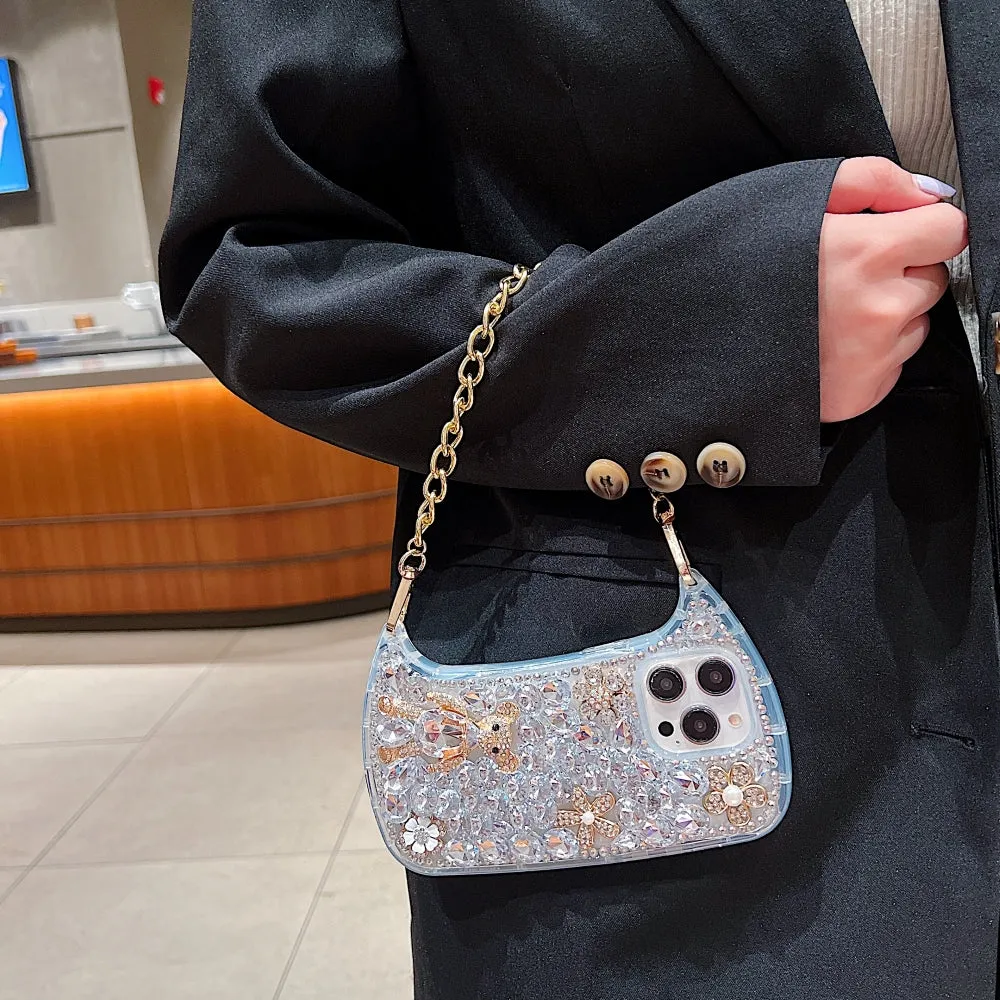 Colorful Diamond Phone Case With Metal Chain Strap - iPhone 14