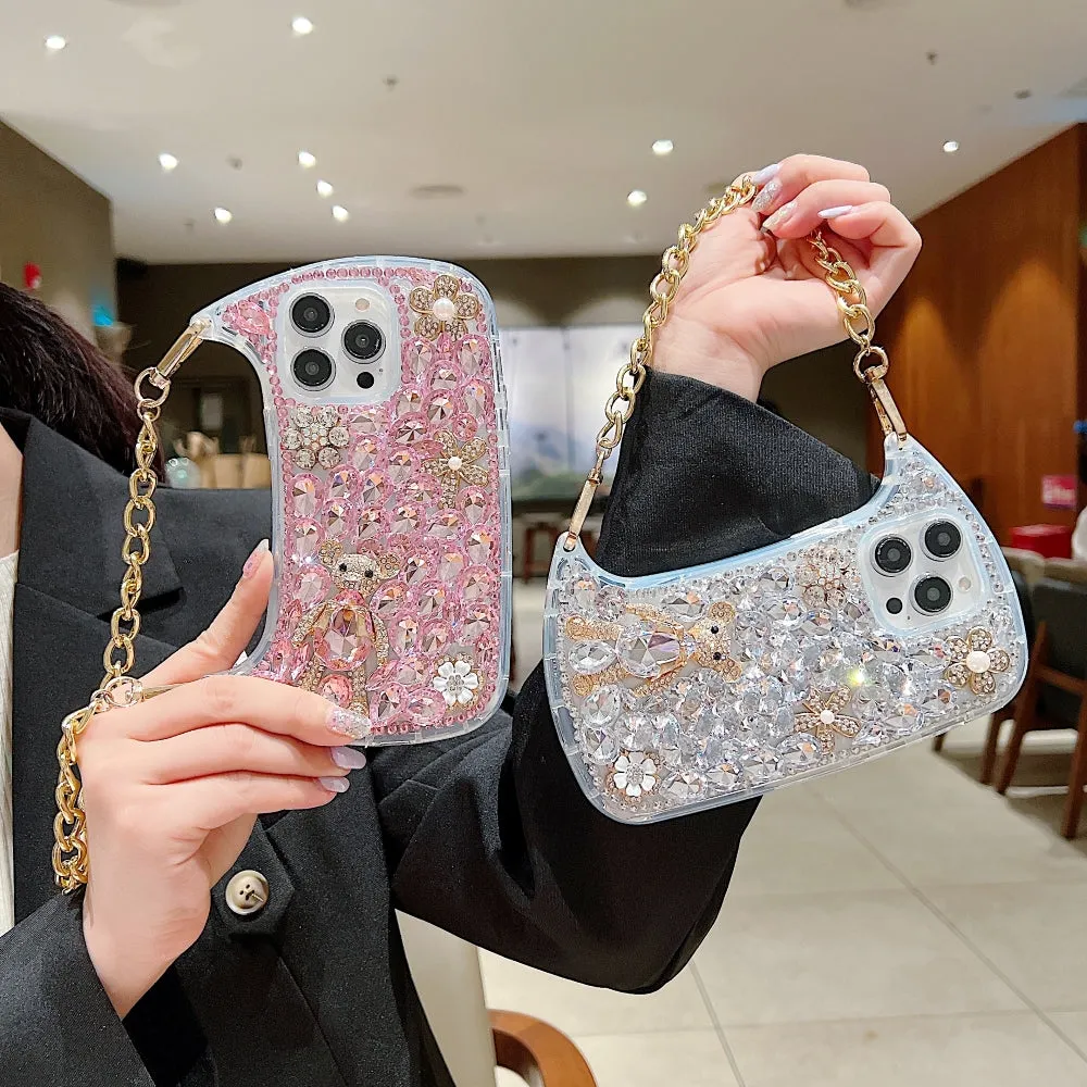 Colorful Diamond Phone Case With Metal Chain Strap - iPhone 14