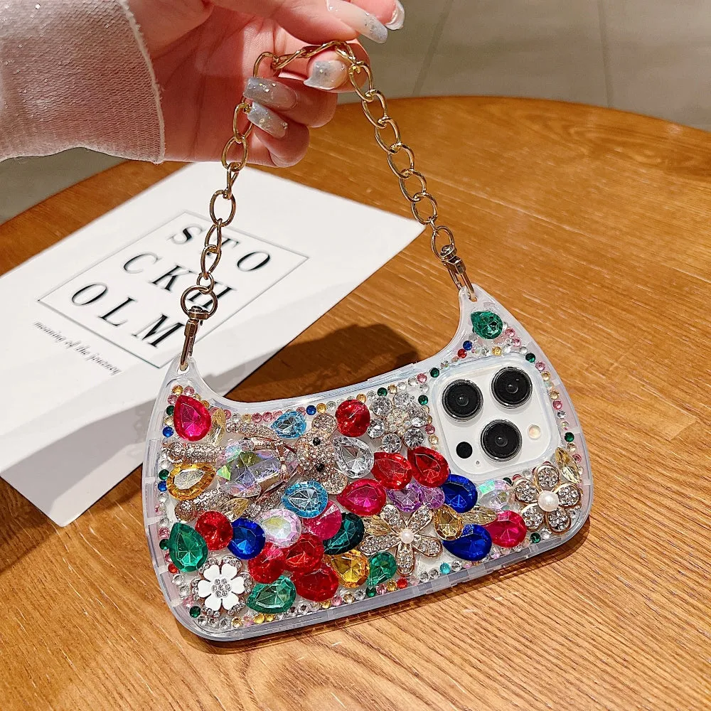 Colorful Diamond Phone Case With Metal Chain Strap - iPhone 14