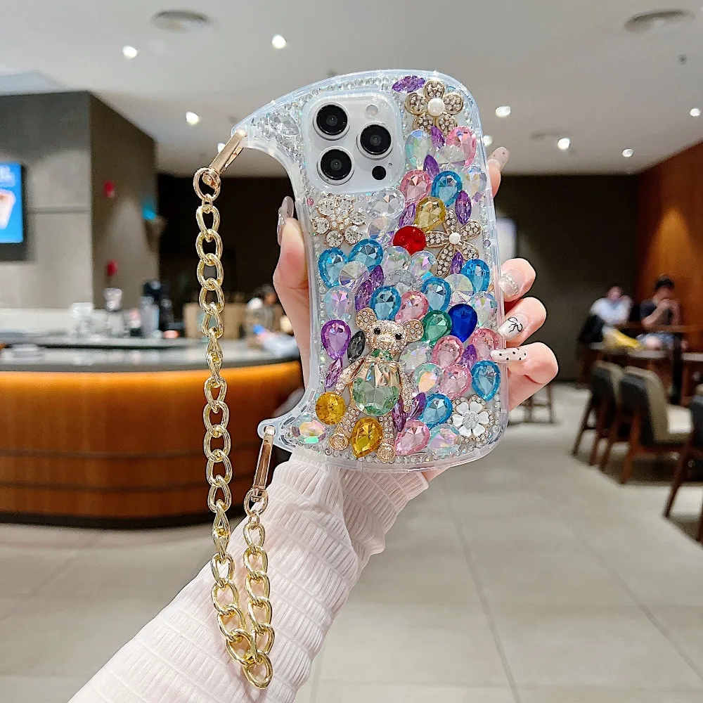 Colorful Diamond Phone Case With Metal Chain Strap - iPhone 14
