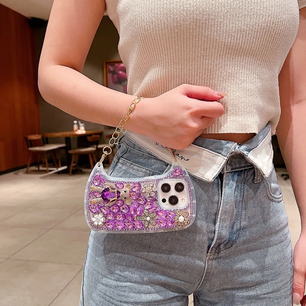 Colorful Diamond Phone Case With Metal Chain Strap - iPhone 14