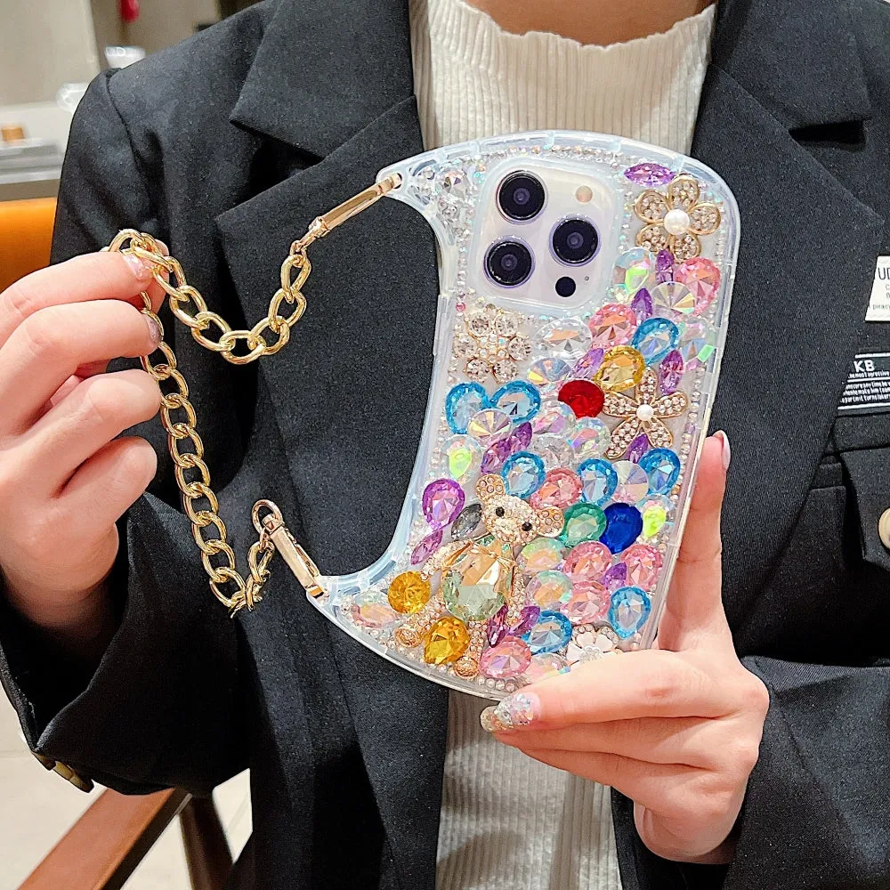 Colorful Diamond Phone Case With Metal Chain Strap - iPhone 14