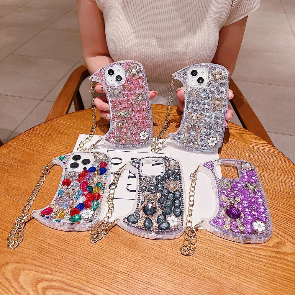 Colorful Diamond Phone Case With Metal Chain Strap - iPhone 14