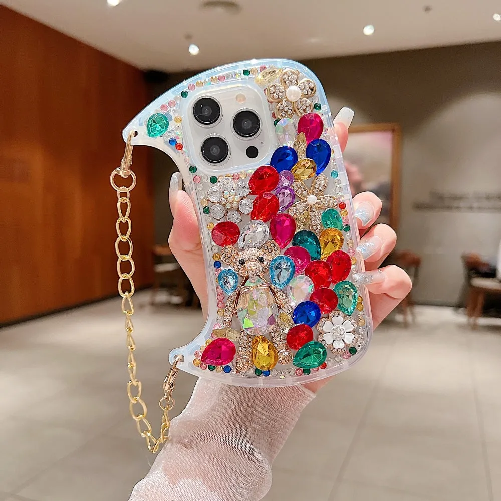Colorful Diamond Phone Case With Metal Chain Strap - iPhone 14