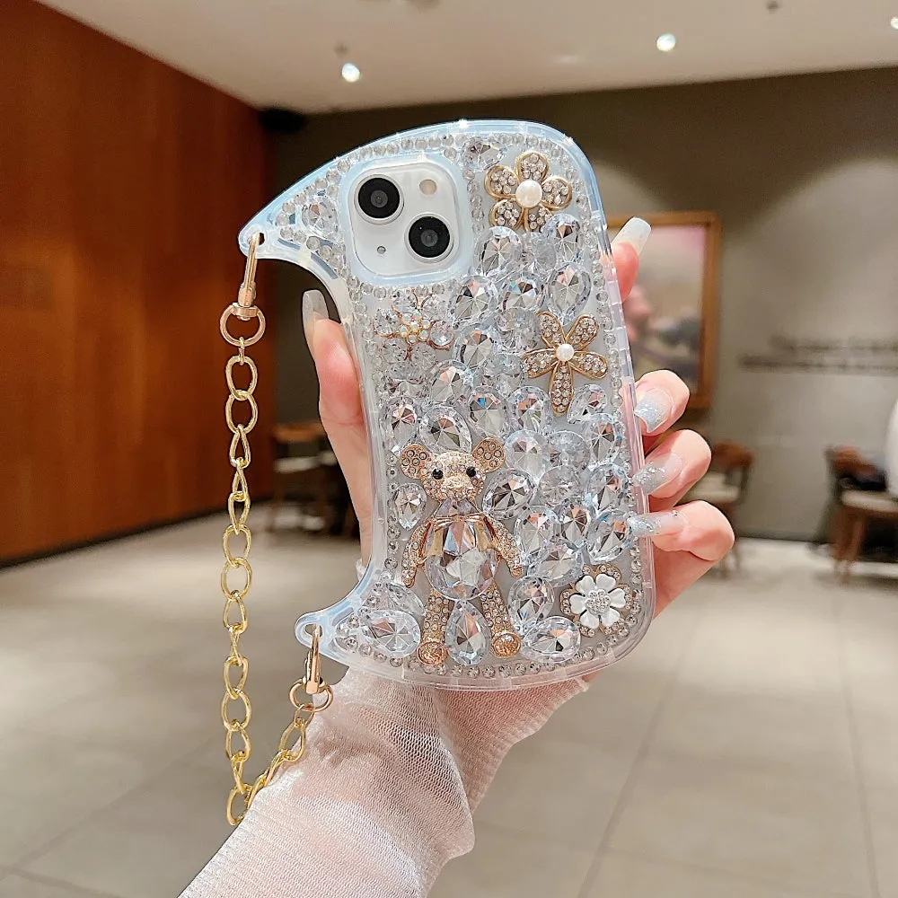 Colorful Diamond Phone Case With Metal Chain Strap - iPhone 14