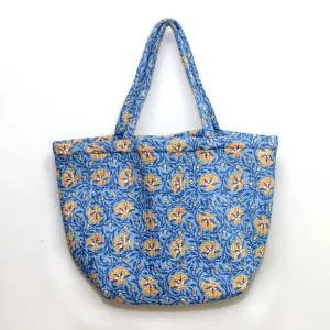 Cotton Quilted Large Shopping / Beach Bag - Blue & Yellow Floral Jaal
