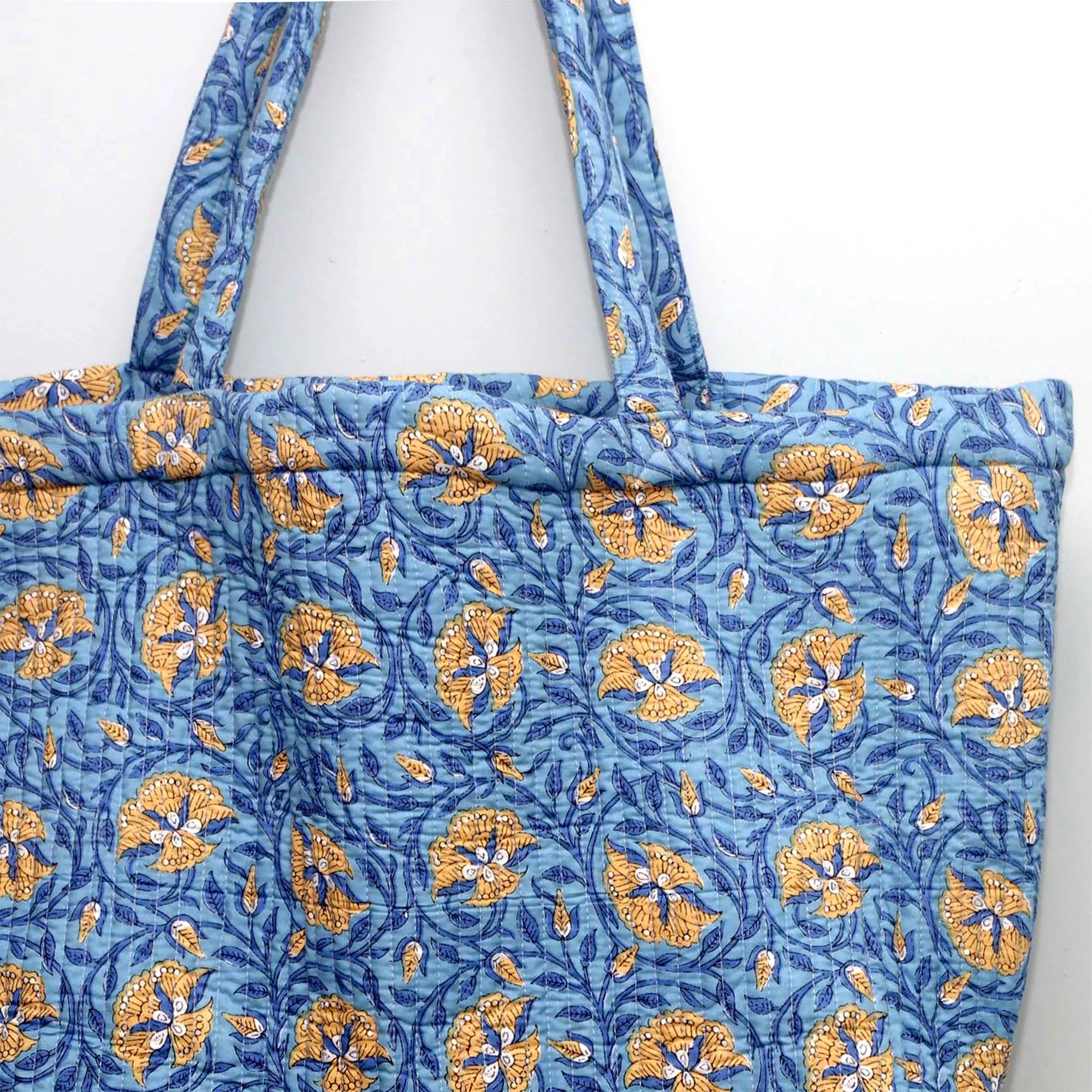 Cotton Quilted Large Shopping / Beach Bag - Blue & Yellow Floral Jaal