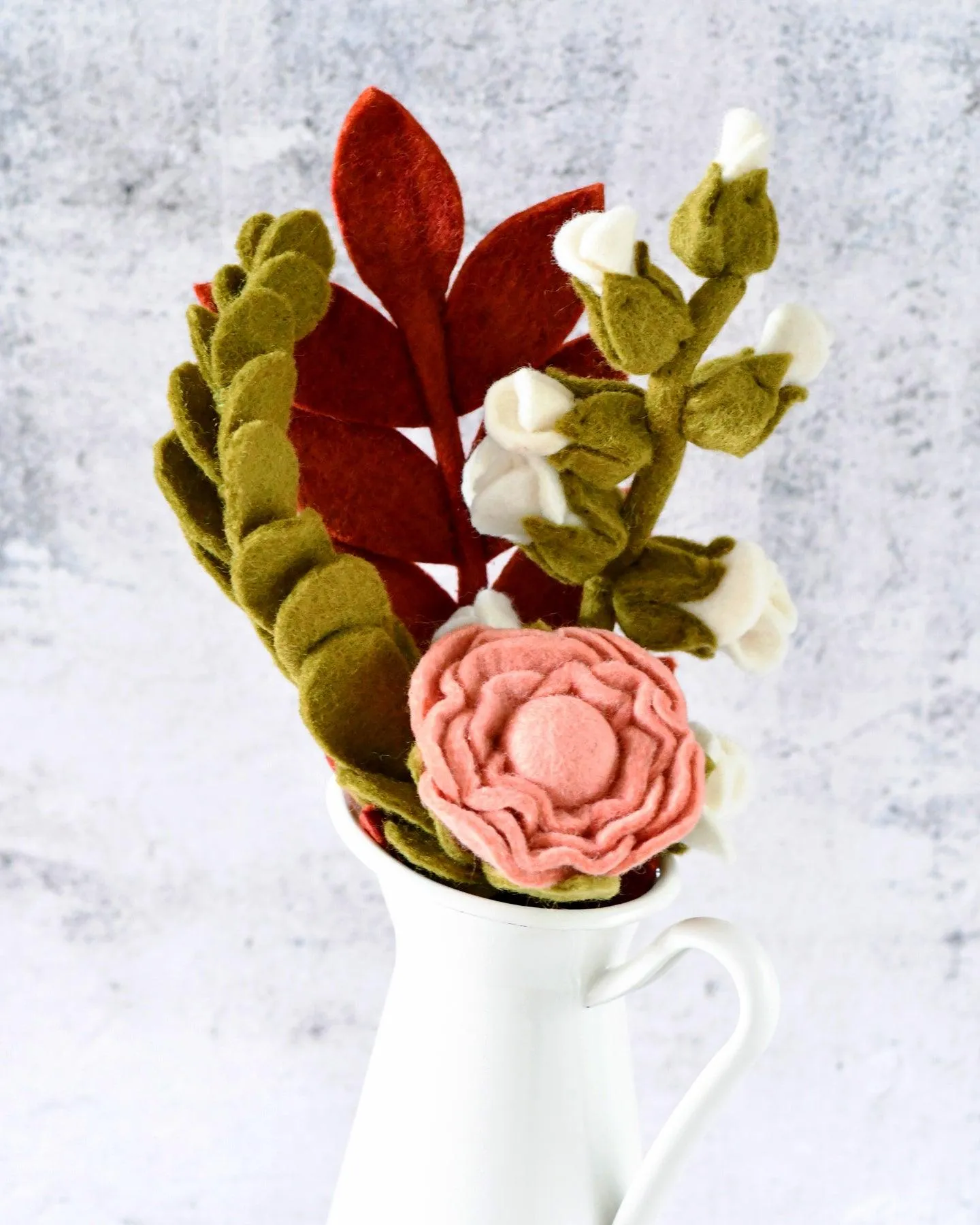 Felt Harvest Floral Bouquet - Peony, White Blossoms, Jade and Ash Leaves