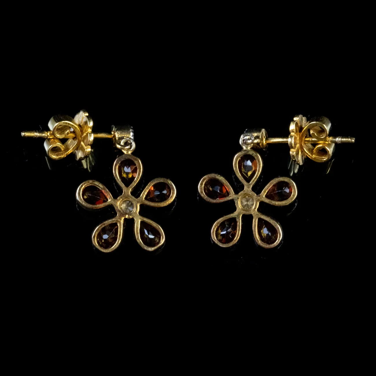 Garnet Diamond Floral Earrings Silver 18Ct Gold