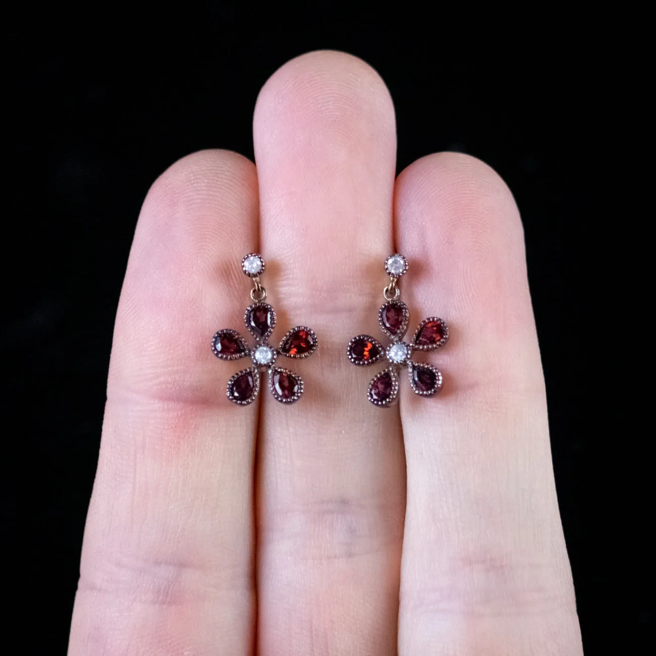 Garnet Diamond Floral Earrings Silver 18Ct Gold