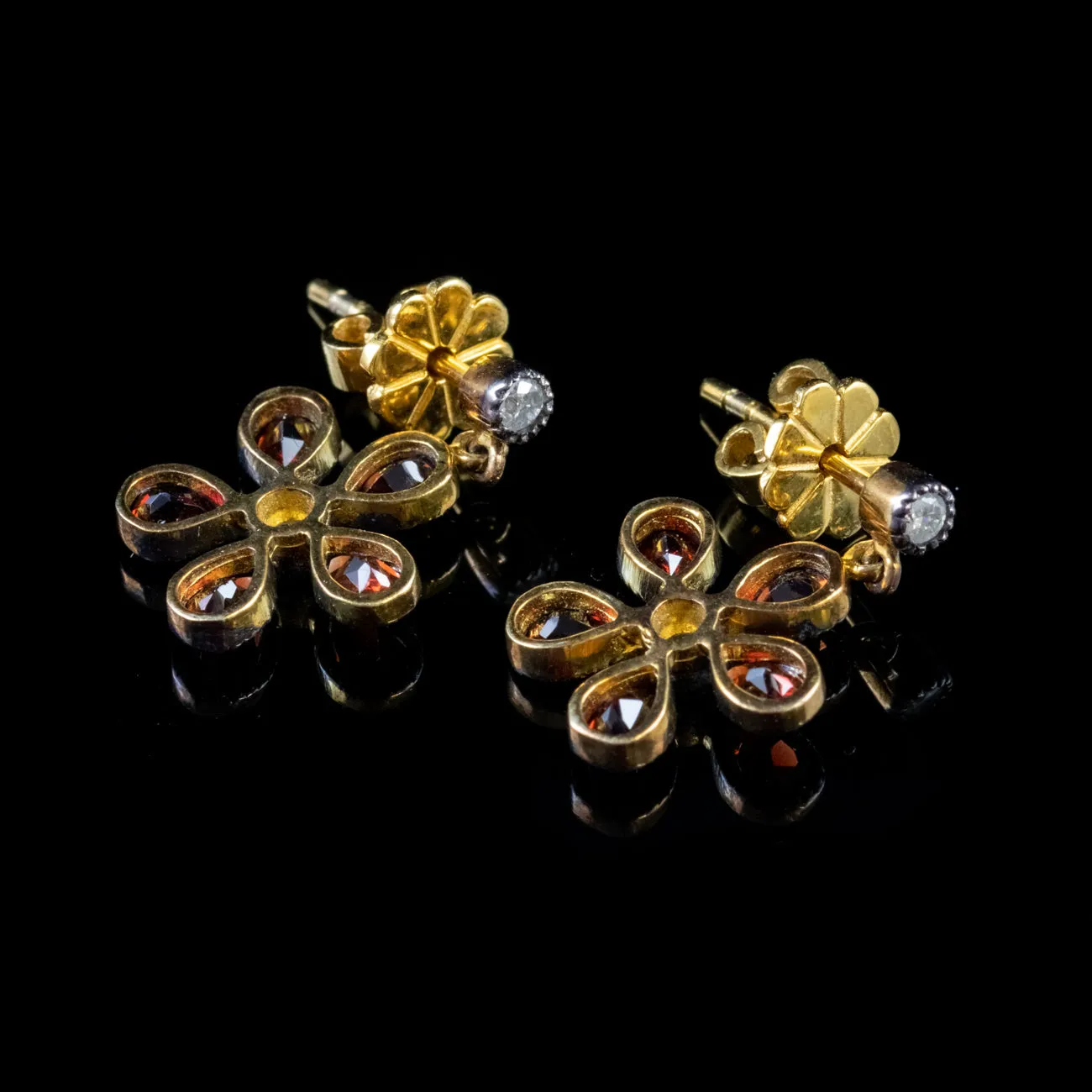 Garnet Diamond Floral Earrings Silver 18Ct Gold