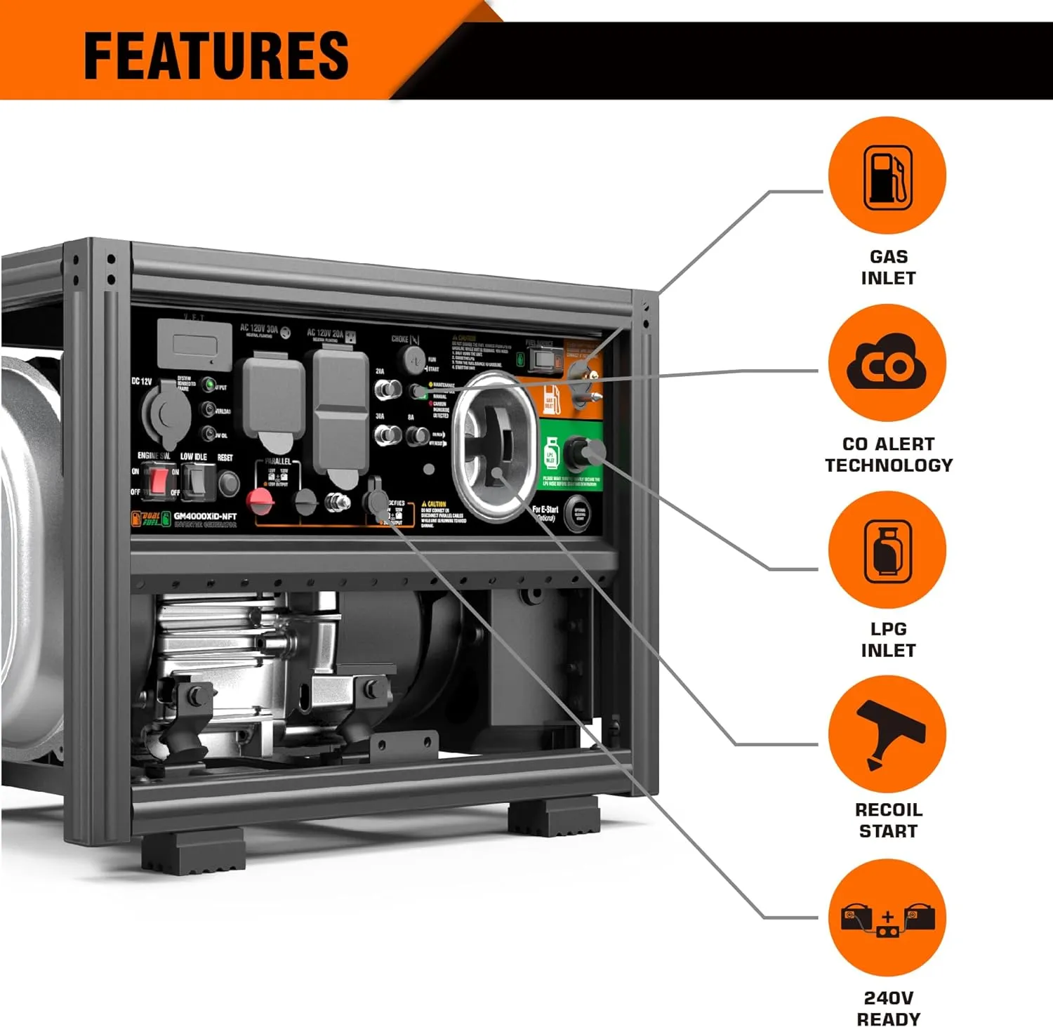 GENMAX GM4000XiD-NFT Dual Fuel DIY Inverter Generator 3200W/4000W 120V Parallel Ready with CO Detect New