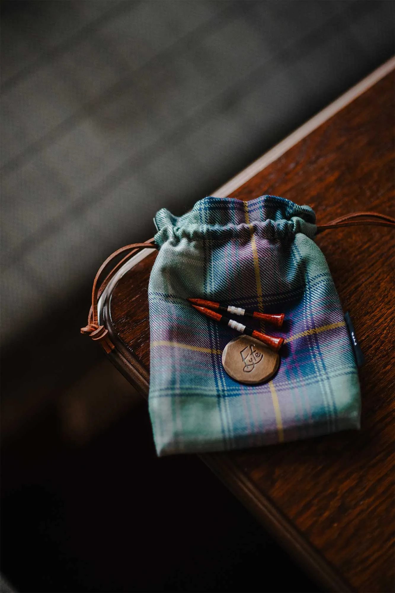 Hame Tartan Leather Drawstring Valuables Pouch