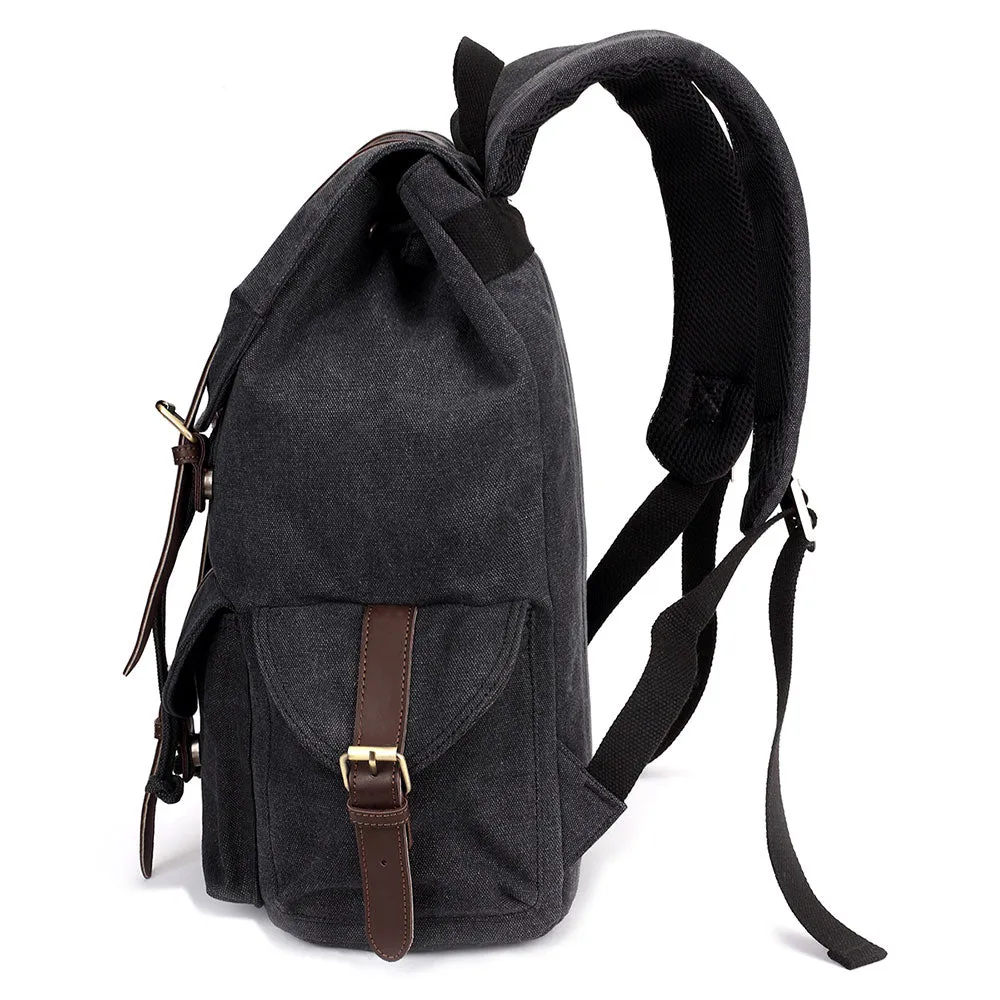 KAUKKO Retro Canvas Bag Outdoor School Backpack Travel Casual Hiking Rucksack  ( Black )