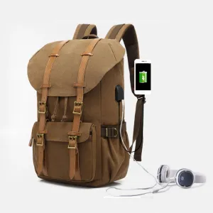 Kids USB School Backpacks - Khaki Book Bags For Boys Girls Cool Retro Outdoor with USB Charger Canvas Travel Bag Hiking Bag Top Level