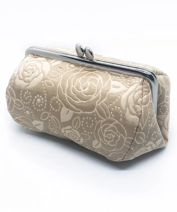 Light Beige Gold Rose Weaved Metal Kiss Lock Purse / Gamaguchi Japanese Bags