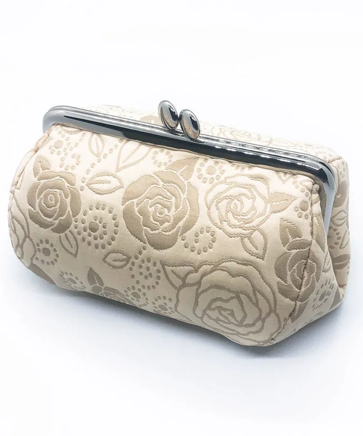 Light Beige Gold Rose Weaved Metal Kiss Lock Purse / Gamaguchi Japanese Bags