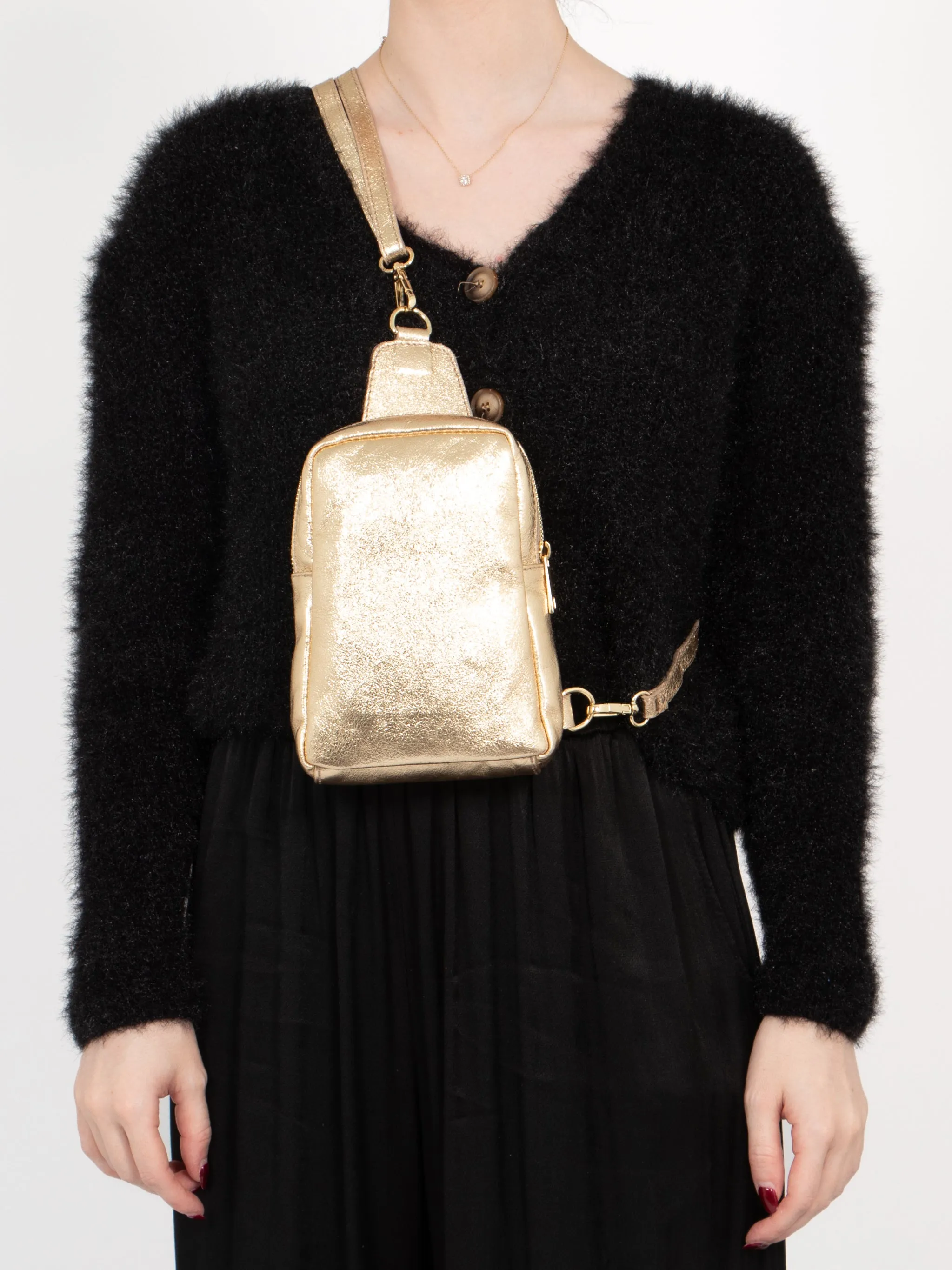 Tara - Italian Leather Sling Bag - Gold, Metallic