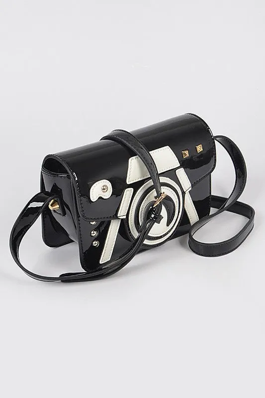 TEEK - Black White Patent Finish Iconic Camera Crossbody Bag