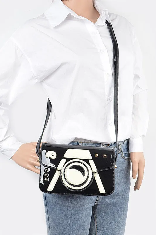 TEEK - Black White Patent Finish Iconic Camera Crossbody Bag