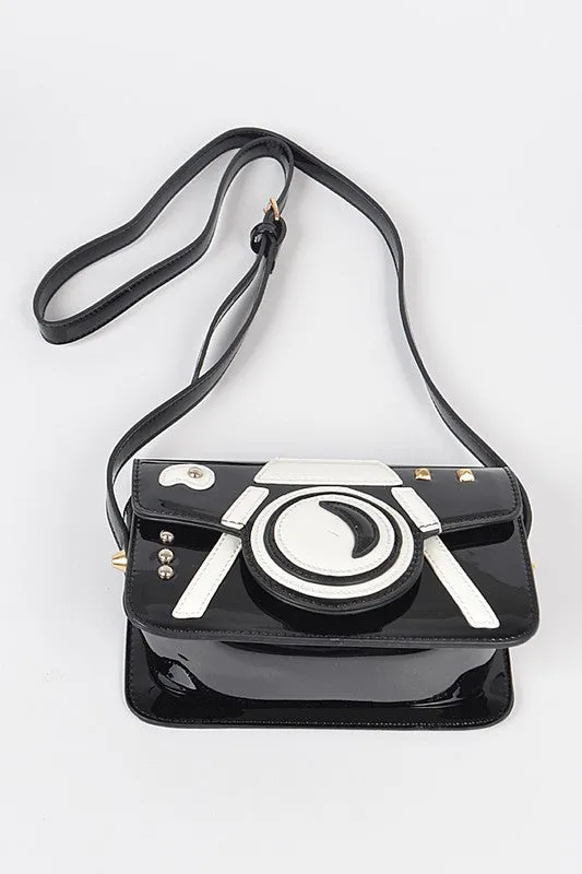 TEEK - Black White Patent Finish Iconic Camera Crossbody Bag