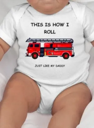 This is how I roll cute baby tee displaying a firetruck - Firefighter baby - firefighter baby shower - fireman wife baby gift - fireman gift
