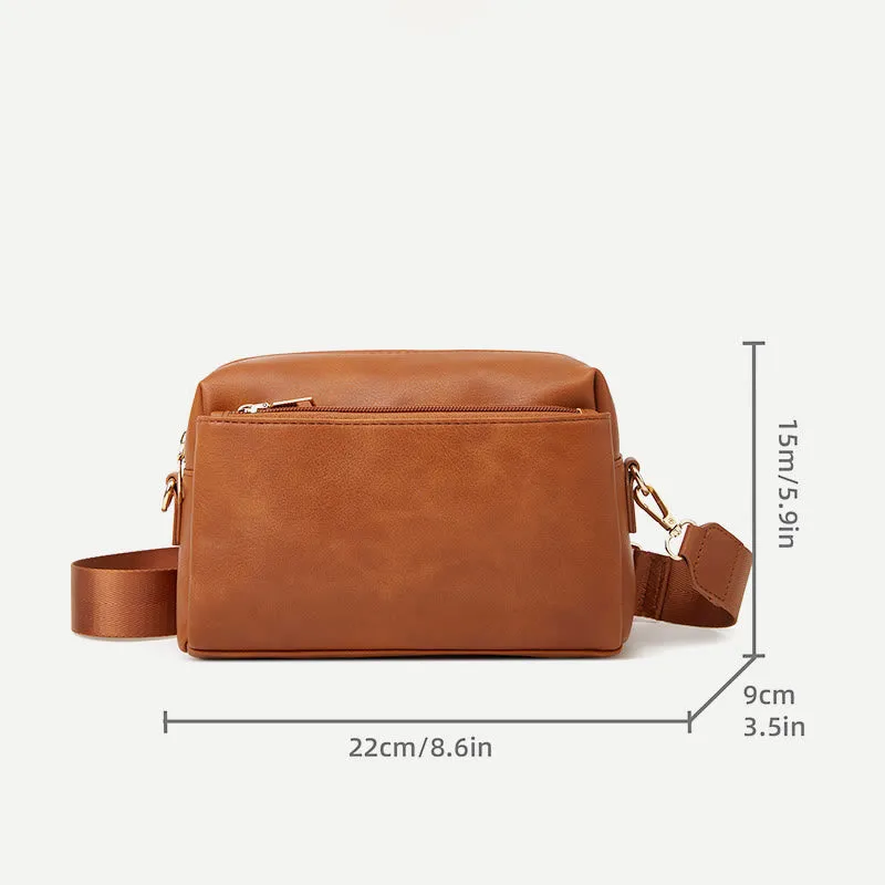 Triple Zip Small Crossbody Bag Faux Leather Casual Handbag Camera Purse