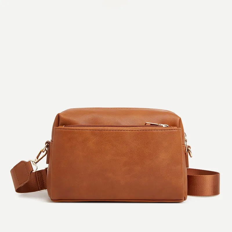 Triple Zip Small Crossbody Bag Faux Leather Casual Handbag Camera Purse