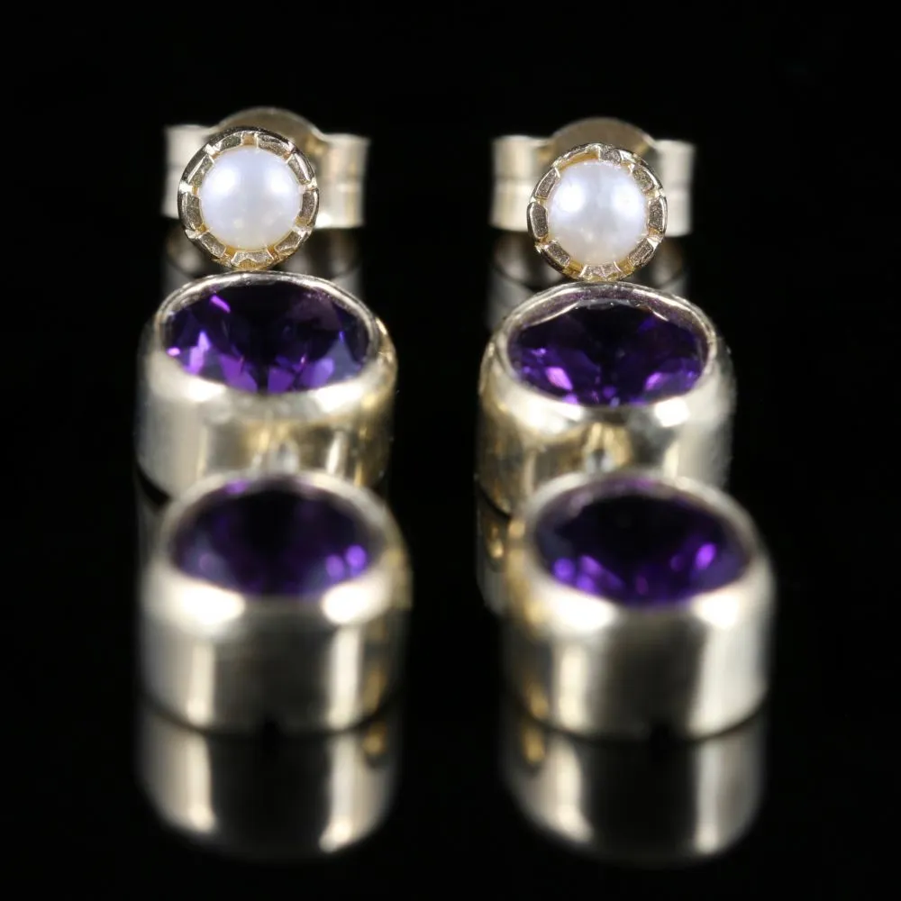 Victorian Style Amethyst Pearl Double Drop Earrings 9ct Gold