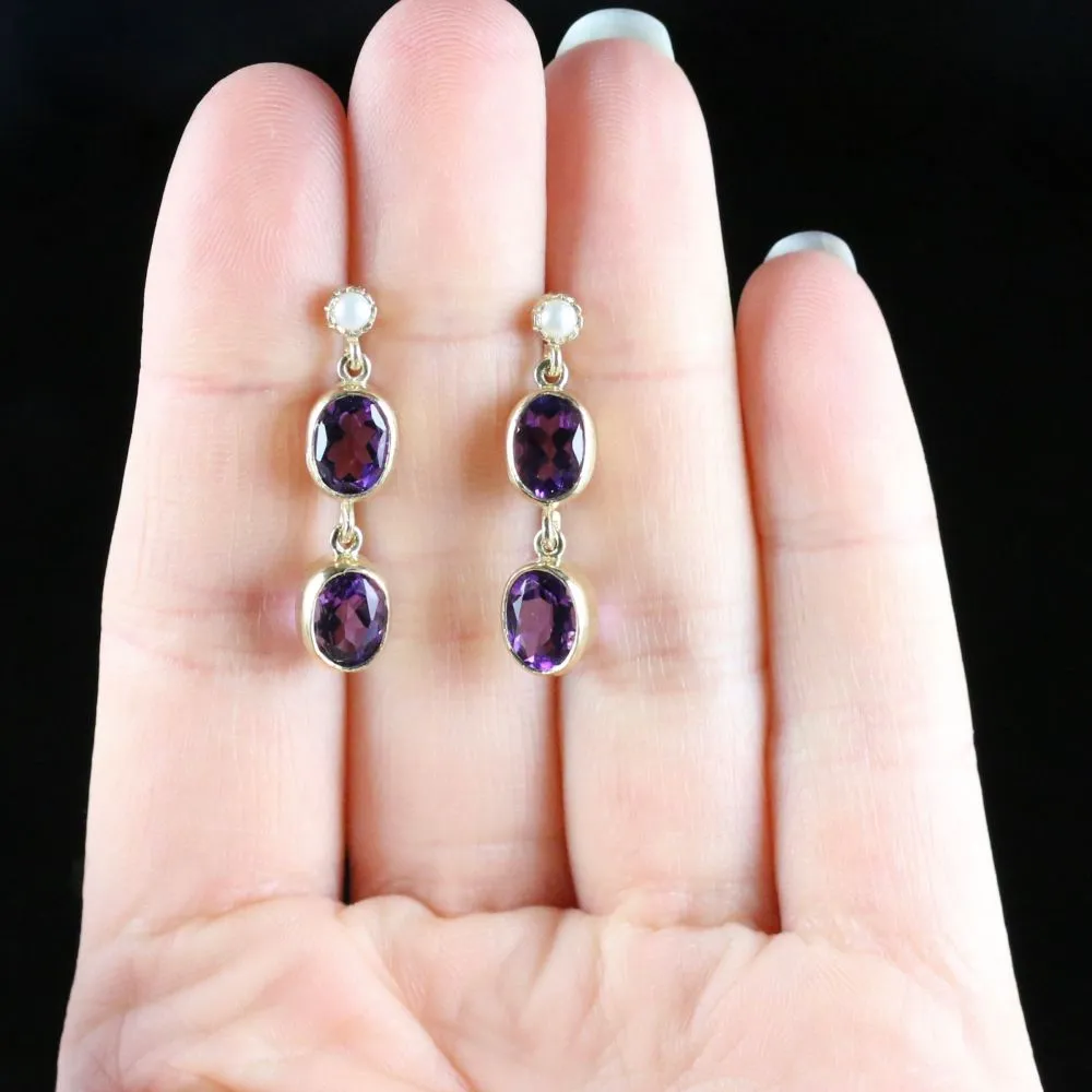 Victorian Style Amethyst Pearl Double Drop Earrings 9ct Gold