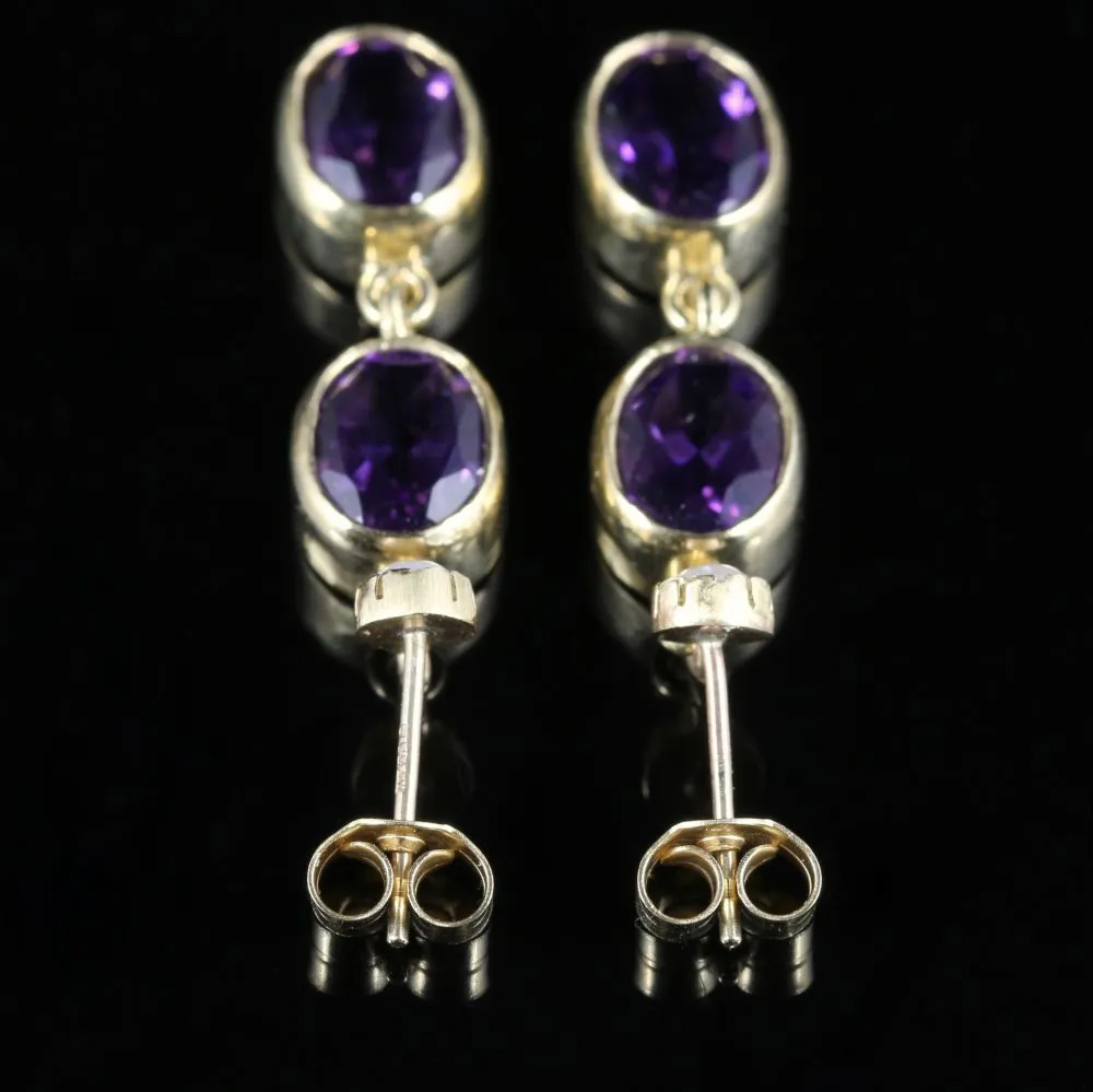 Victorian Style Amethyst Pearl Double Drop Earrings 9ct Gold