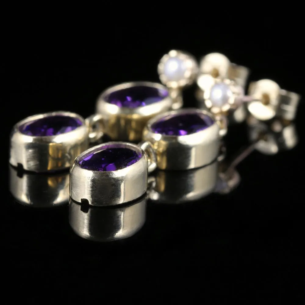 Victorian Style Amethyst Pearl Double Drop Earrings 9ct Gold