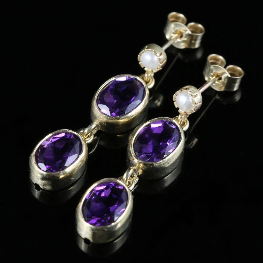 Victorian Style Amethyst Pearl Double Drop Earrings 9ct Gold