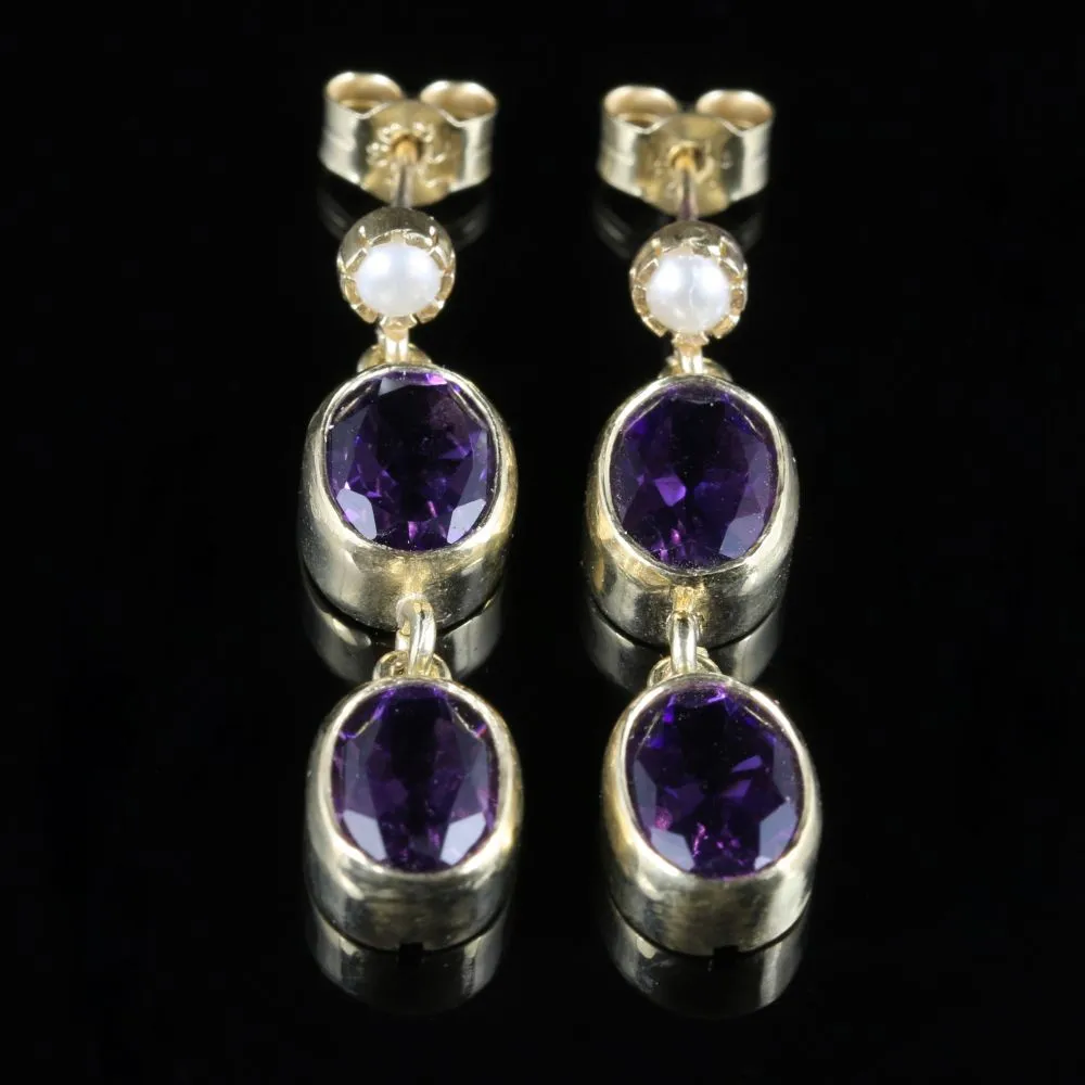 Victorian Style Amethyst Pearl Double Drop Earrings 9ct Gold